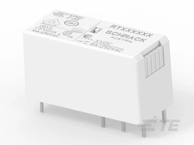 Schrack RT2 serisi güç PCB rölesi, 2 form C kontak, 8 A 250 VAC, 5 mm pin aralıklı